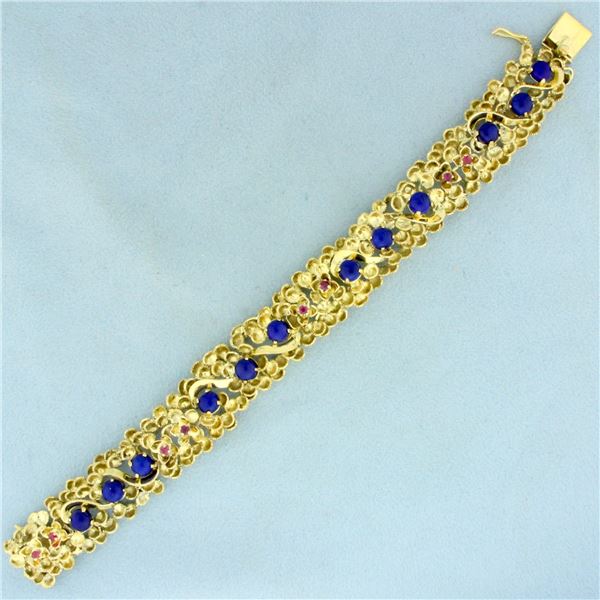 Designer Vintage Ruby and Lapis Lazuli Bracelet in 14K Yellow Gold