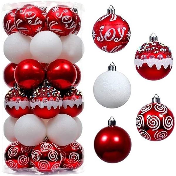 30-Pack of Shatterproof Christmas Ornaments/Hanging Balls (Red & White) 2.36" Size - New