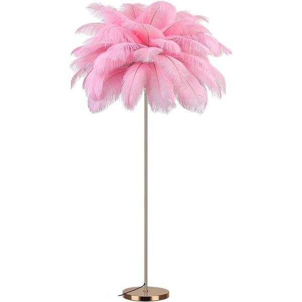 Pink Fluffy Ostrich Feather Floor Lamp for Living Room; 63" Tall Lamp w/ 3 Color Temperatures - NEW