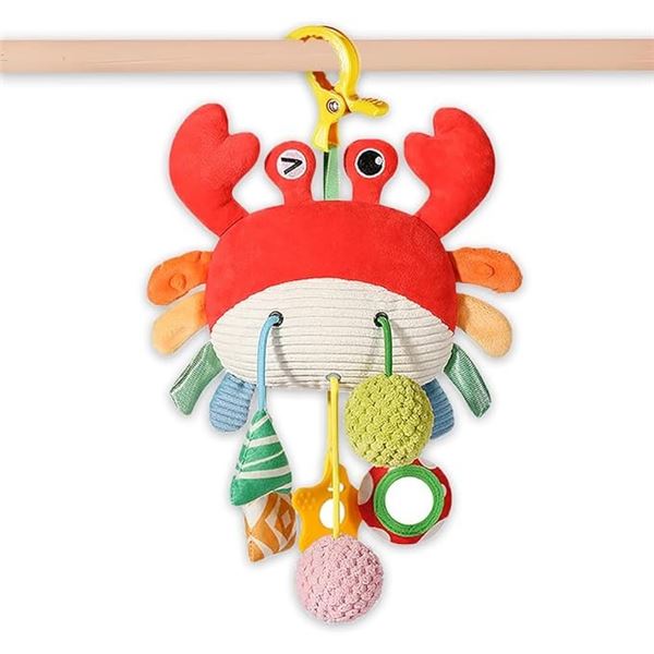 Crab Spiral Car Seat/Stroller Sensory Activity Toy for Babies with Teether, Bell, & Squeaker - New