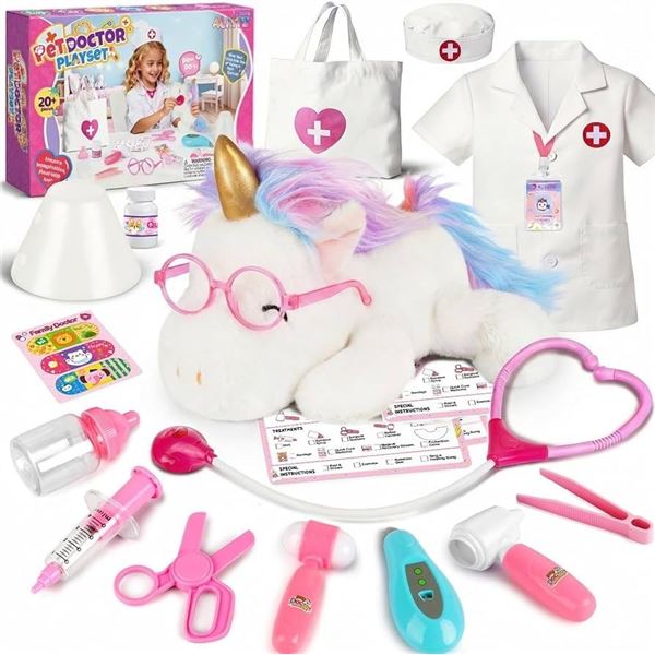 20PC Kids Pet Unicorn Doctor Playset - Pretend Doctor/Vet Play Set for Girls (Ages 3+) - New