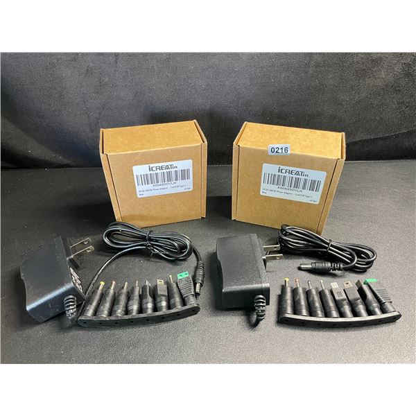 Lot of 2 Universal Plug-In Power Supply Adapters with 8 Assorted DC Plugs/Tips/Connectors - New