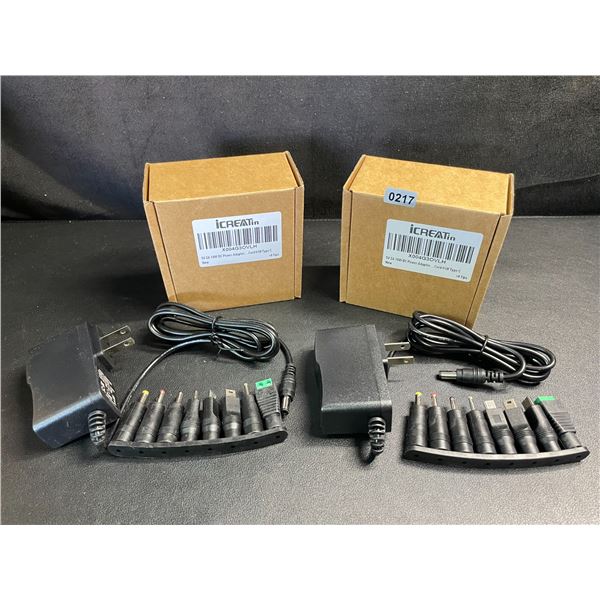 Lot of 2 Universal Plug-In Power Supply Adapters with 8 Assorted DC Plugs/Tips/Connectors - New