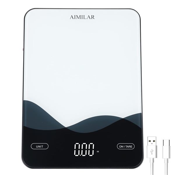 USB-C Rechargeable Digital Kitchen Scale (22lb/10kg Capacity) LED Touch Screen, Tempered Glass - New