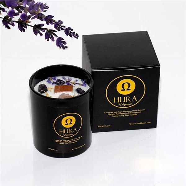 Hura Elegance Luxury Soy Wax Scented Candle (300g) Lavender & Sage with Crystals/Flowers - New