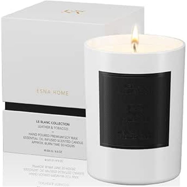 ESNA HOME Le Blanc Collection Leather & Tobacco Premium Scented Soy Wax Candle (250g) NEW