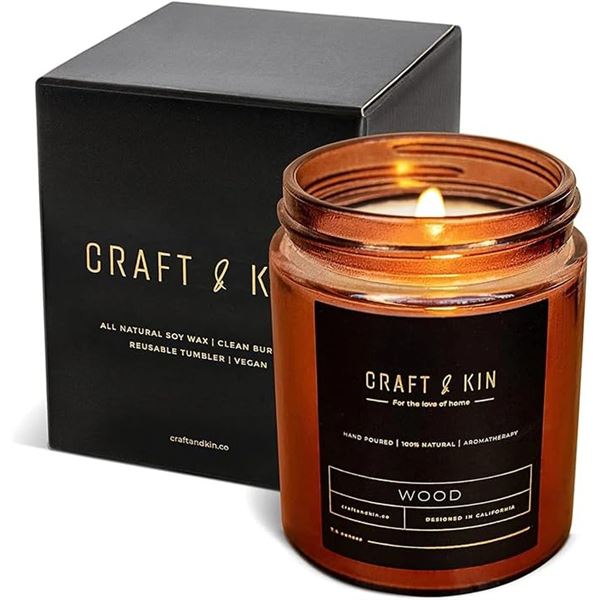 Craft & Kin Luxury Wood Bold-Scented Premium Soy Wax Candle (7.6oz) Long-Lasting 45hr Burn Time