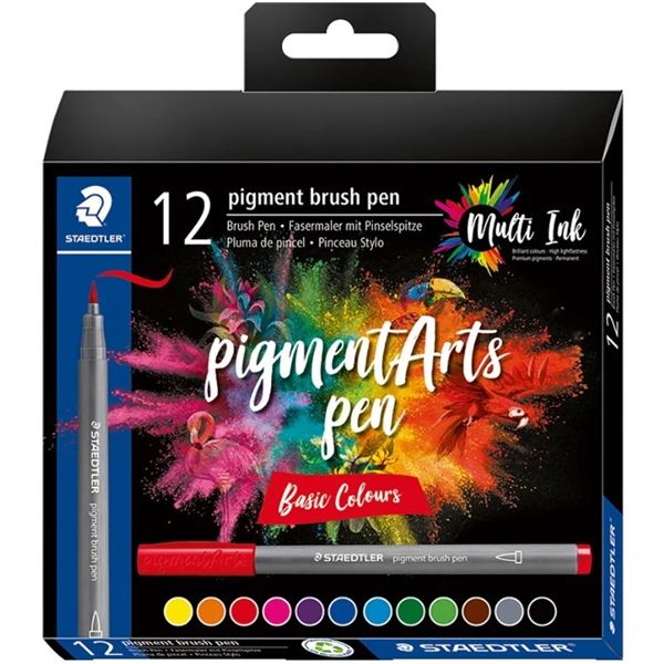 STAEDTLER 12-Pack Pigment Arts Brush Pen Set - Permanent, Waterproof, Quick-Drying Colors - New