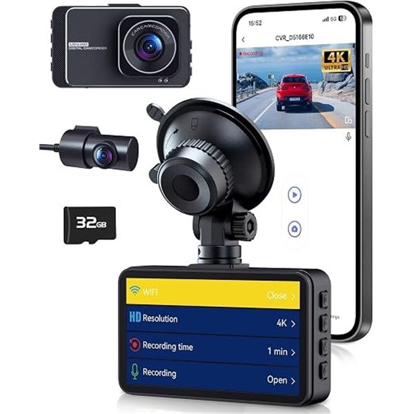 4K Ultra HD Car Dash Cam with 3" Screen + 2K Rear Cam; 5G Wifi/App Control; Night Vision - NEW!