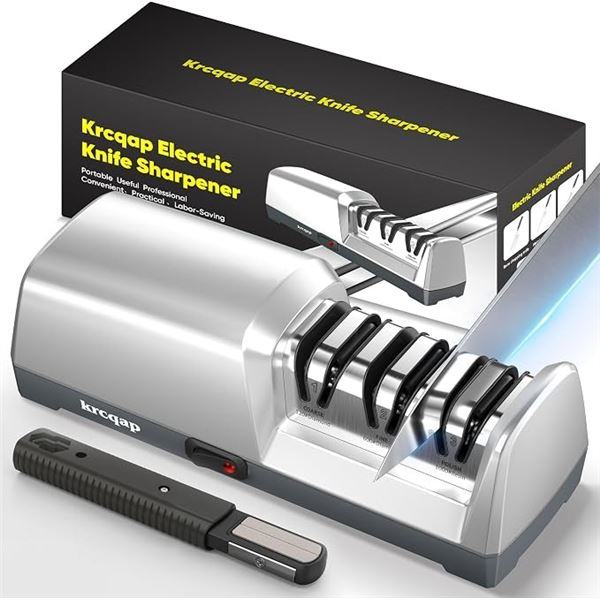 Electric Knife Sharpener for Kitchen - 3-Stage Diamond Abrasive Sharpener, 15° Guide - NEW