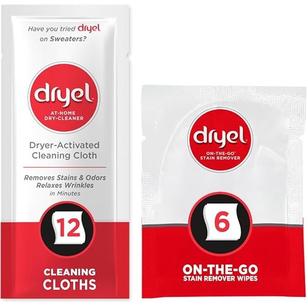 Dryel At-Home Dry Cleaner Kit (12 Loads w/ On-the-Go Stain Remover) Lifts Stains, Odors, & Wrinkles