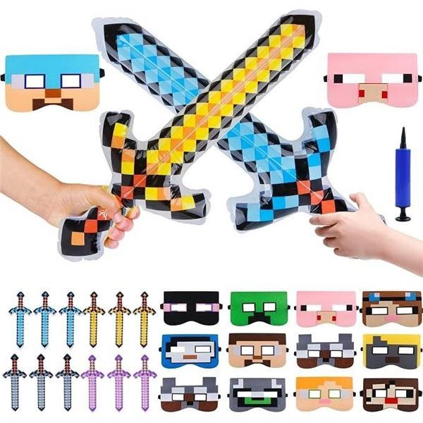 24pcs Minecraft/Pixel-Theme Party Supply Set - Includes Masks, 37" Large Inflatable Swords, & Pump
