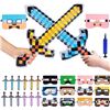 Image 1 : 24pcs Minecraft/Pixel-Theme Party Supply Set - Includes Masks, 37" Large Inflatable Swords, & Pump