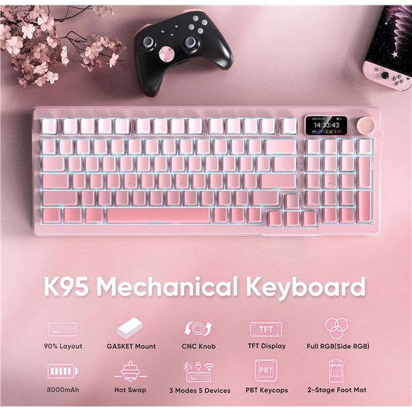 Red Thunder K95 Gradient White/Pink Bluetooth/Wired/Wireless Keyboard with LCD Display! - New