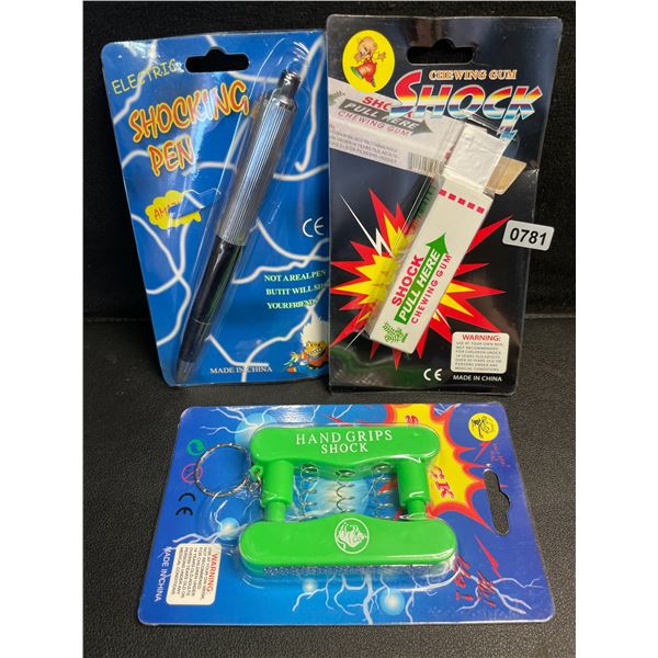 Lot of 3 Assorted Funny Prank Devices - Shock Pen, Shock Chewing Gum, & Hand Grip Shock - New