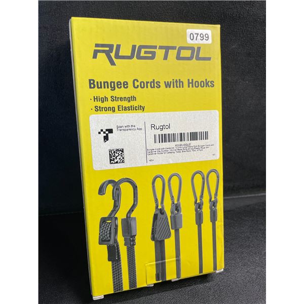 Rugtol 4-Pack Bungee Cords with Hooks - 12" Long, Heavy-Duty w/ Carabiner Clips - New in Box