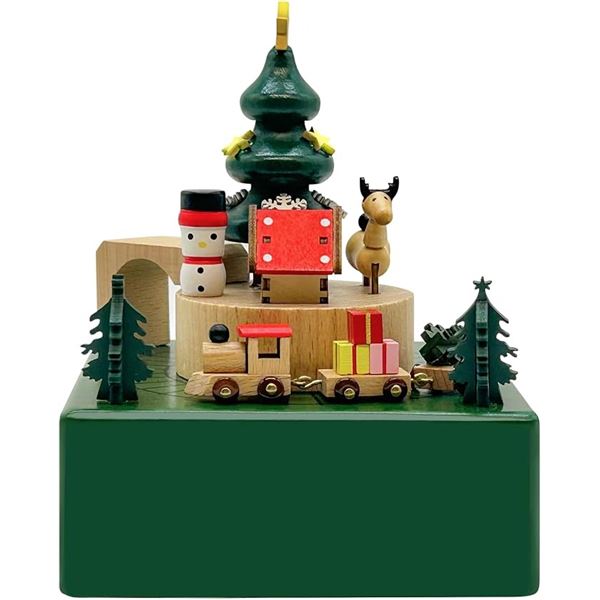 Wooden Christmas Wind-Up Music Box w/ Moving Train; Plays "We Wish You A Merry Christmas" - New