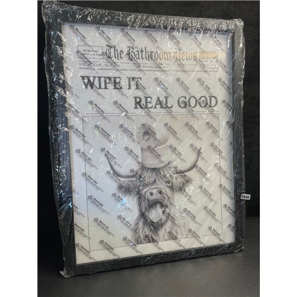 Framed Funny Bathroom Wall Art Decor; Highland Cow Newspaper "Wipe It Real Good" (12" x 16") NEW