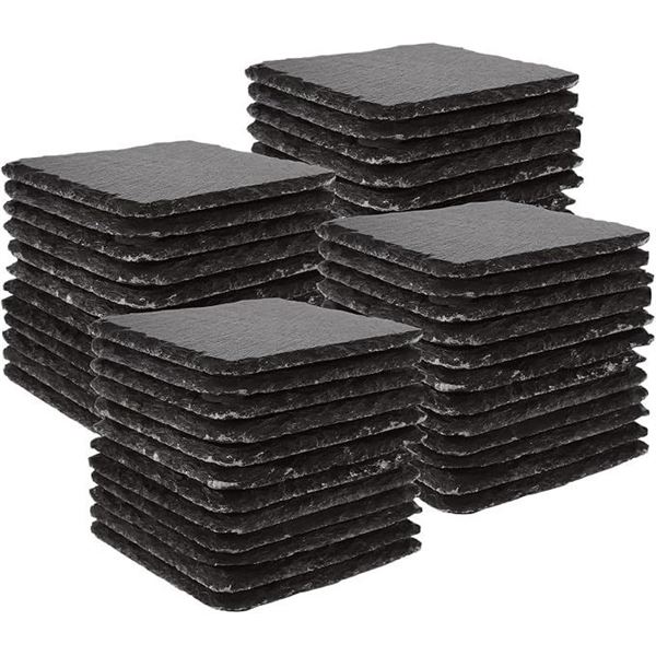 Set of Natural Slate Coasters/Heavy-Duty Black Stone Coasters (4" Square Coasters) for Drinks - New