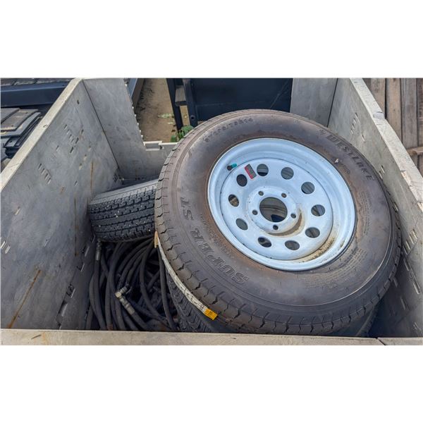 PALLET CRATE OF ASSORTED TRAILER TIRES & HYDRAULIC