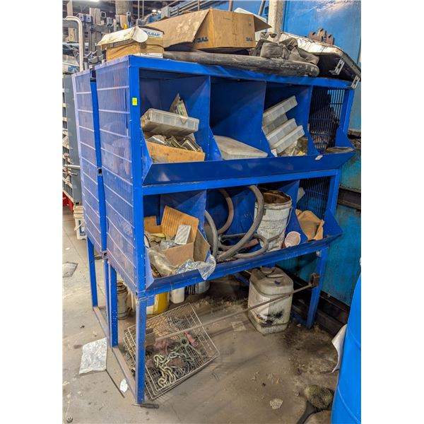 LOT OF 2 BLUE STORAGE RACKS W/ CONTENTS