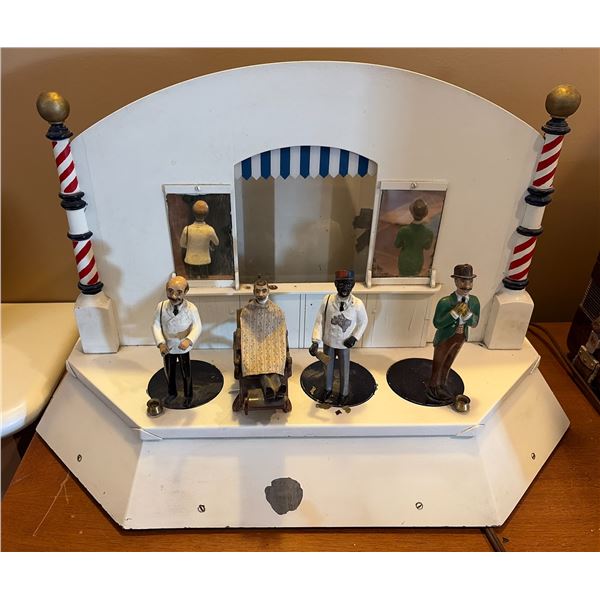 Vintage Automaton Barber Shop Diorama w/Animated Figures & Barber Poles