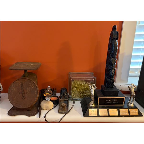 Group of - Cast Iron Scale, Golf Trophy & Novelties