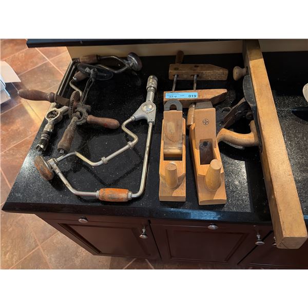 Group of VIntage Woodworking Tool Lot - Wooden Hand Planes, Brace Drills, Clamp, Etc.