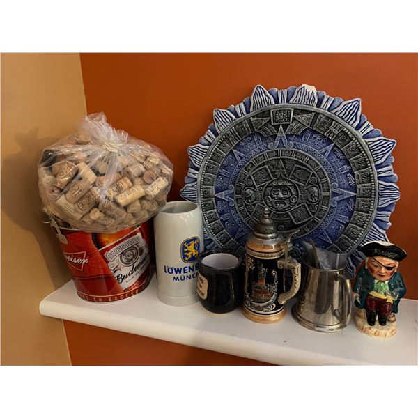 Group of Barware - Beer Steins, Wine Corks, Aztec Wall Plaque, Etc.