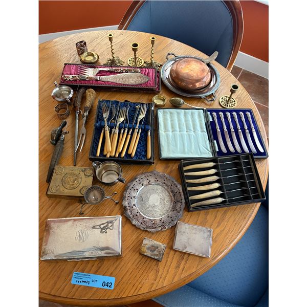 Group of Various Antique Utensils, Candle Holders, Tableware, Etc.