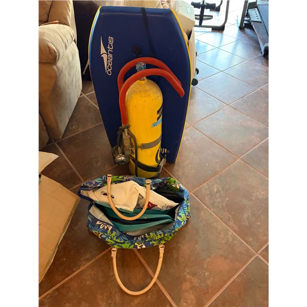 Group of Water Sports - Aluminum Tank, Swim Fins, Bodyboard, Etc.