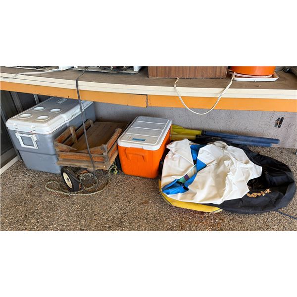 Group of Coolers, Wood Crate & Inflatable Tube