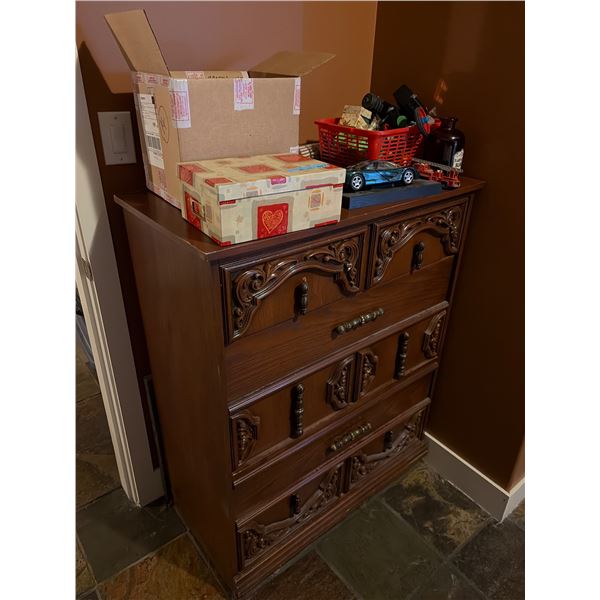 Wood Dresser w/Contents - Cars, Vampire Blood JJar, Toys, Etc.