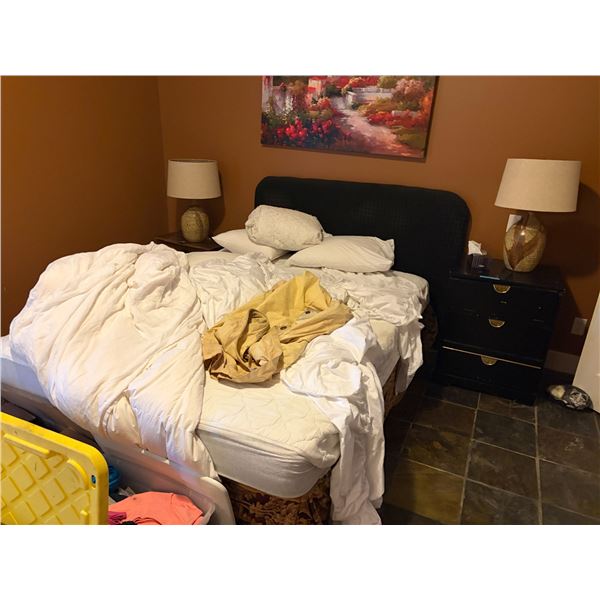 Group of Room Furniture - 2 Nightstands, Queen Mattress + Frame & Lamps