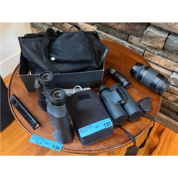 Group of Camera Accessories and Binoculars