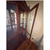 Image 2 : Ornate Wooden Display Cabinet with Glass Doors, Woven Accents, and Decorative Finials
