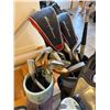 Image 2 : Group of Golf Gear - Includes golf bags, clubs, and a two-wheel pull cart