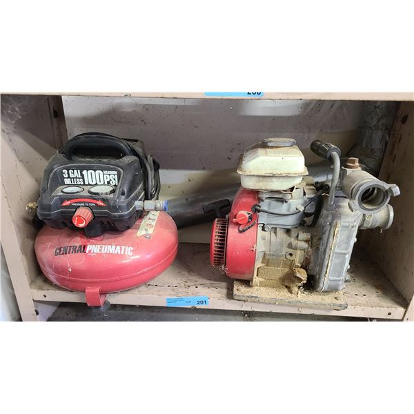 Central Pneumatic 3- Gallon Pancake Air Compressor and a Honda WX10 4-Stroke Water Pump