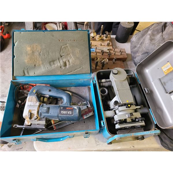 Group of TM200 optical theodolite and Bosch 1581 VS heavy- duty corded electric jigsaw