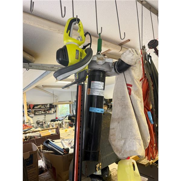 Group of Ryobi Workshop Dust Collector and Blower and Chainsaw