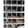 Image 2 : Wall-mounted wooden pigeonhole storage bin filled with an assortment of bolts, nuts, washers, etc