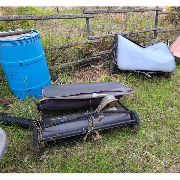 Group of 2 Tow-behind Lawn Sweeper and a Barrel