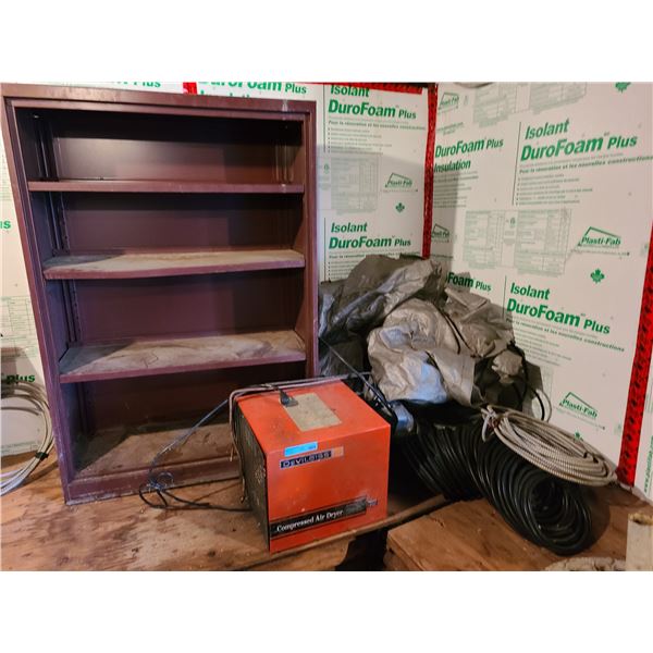 Group of DEVILBISS Compressed Air Dryer, Wires and a Wooden Book shelf