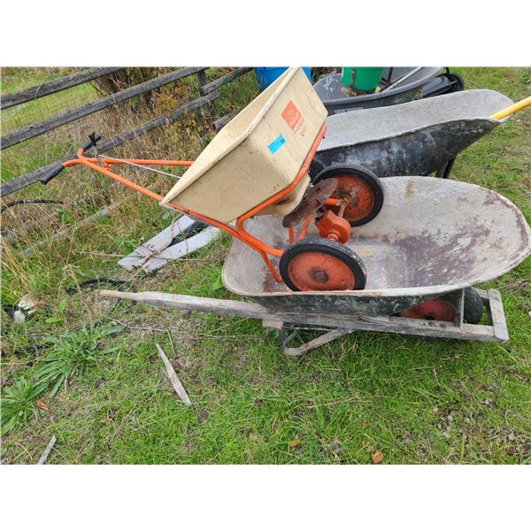Group of Wheelbarrow and seed Spreader