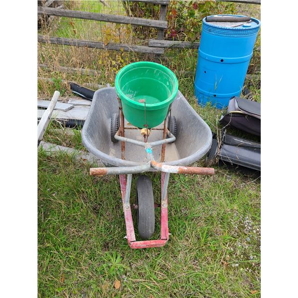 Group of Wheelbarrow and seed Spreader