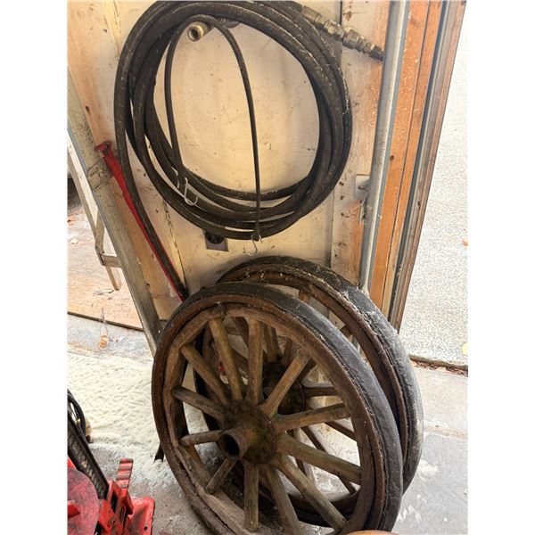 Group of Vintage Cart Tires and Garden Hose