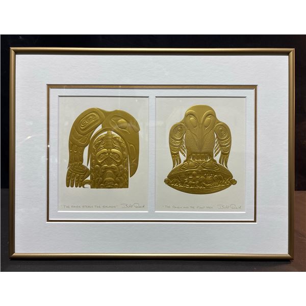 Bill Reid Gold Foil Embossed Art - The Raven Steals the Salmon & The Raven and the First Men