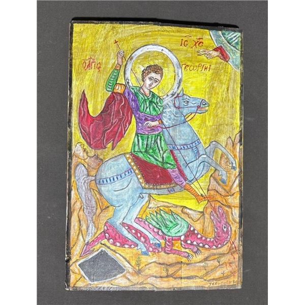Hand-Painted Icon Depicting St. George Slaying the Dragon