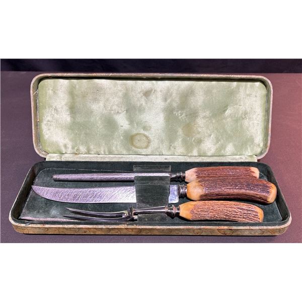 Sheffield England Stag Handle Carving Set with Case: Knife, Fork, Steel