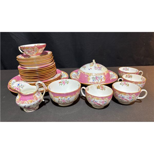 Minton Pink and Gold Floral Bird Porcelain Tea Set, 27 Pieces